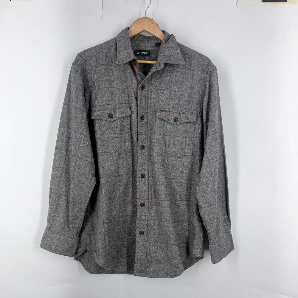 Orvis Mens Grey Windowpane Plaid Flannel Shirt Suede Elbow Patches Size M